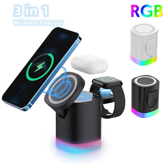 3 In 1 Magnetic Wireless Fast Charger For Smart Phone RGB